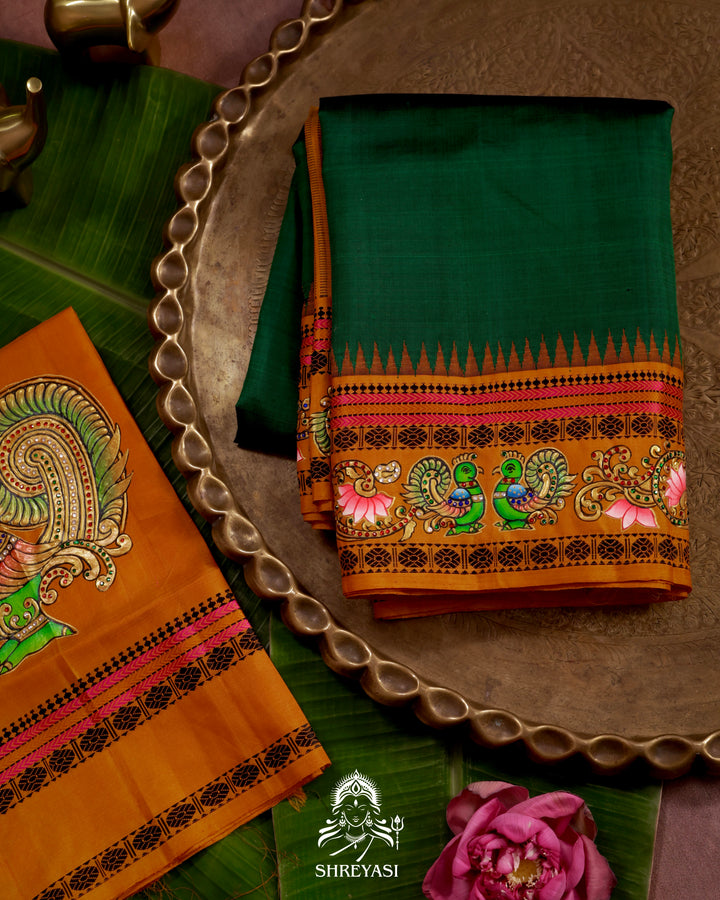 Handloom Pure Kanjivaram Silk Saree in Real Zari with Tanjore Mayil and Kamalam Artwork