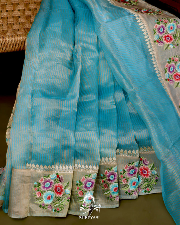 Handloom Banarasi Tissue Stripe Silk Saree with Satin Stitch Floral Embroidered Borders