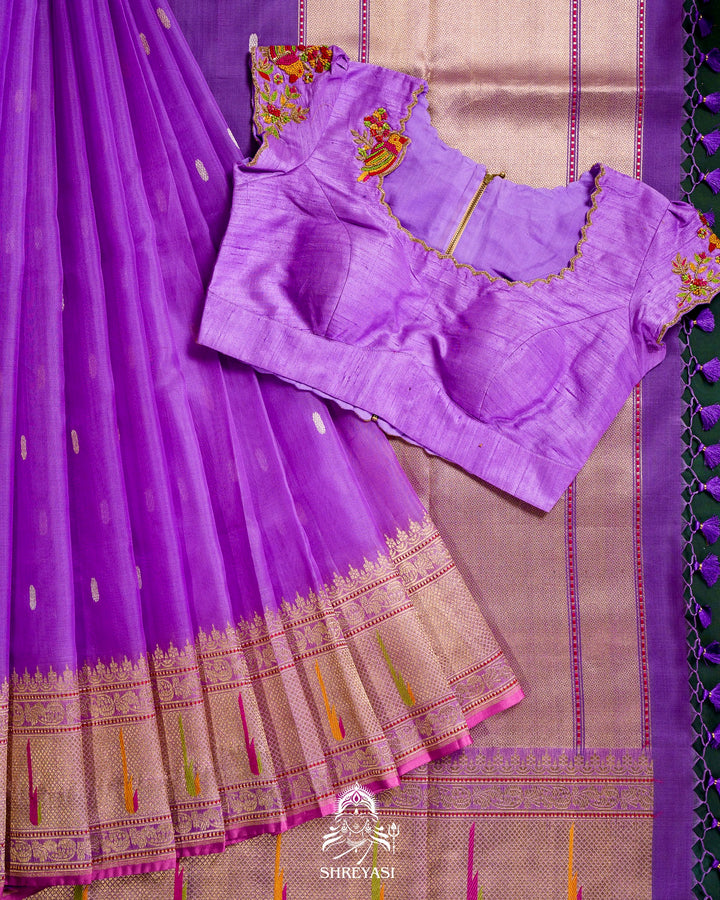 Handloom Pure Banarasi Kora Silk Saree with Kadwa Weaving and Hand Embroidered Maggam Work Blouse