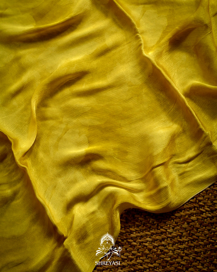 Lime Yellow Chinon Satin Floral Saree with Embroidered Border