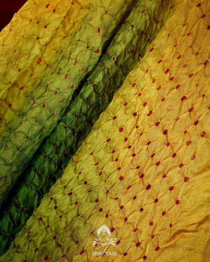Hand Knotted Bandhej Tussar Silk Saree with Meenakari Weaving