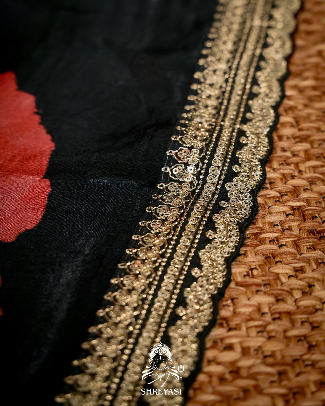 Black Chinon Satin Floral Saree with Embroidered Border