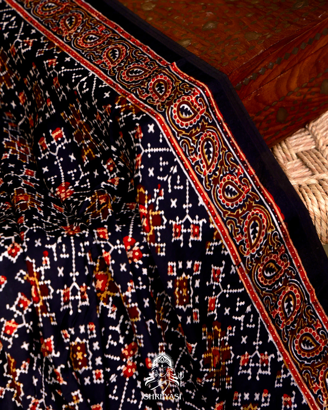 Pure Modal Silk Ajrakh Saree with Swarovski Crystal Embroidery