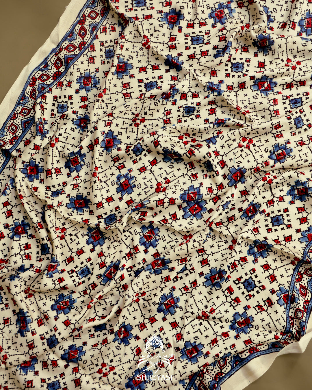 Pure Modal Gaji Silk Lagdi Patta Ivory Blue Ajrakh Saree in Natural Dyes