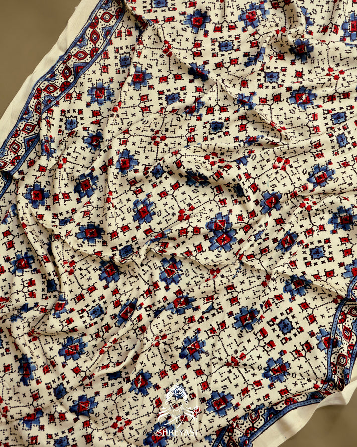 Pure Modal Gaji Silk Lagdi Patta Ivory Blue Ajrakh Saree in Natural Dyes