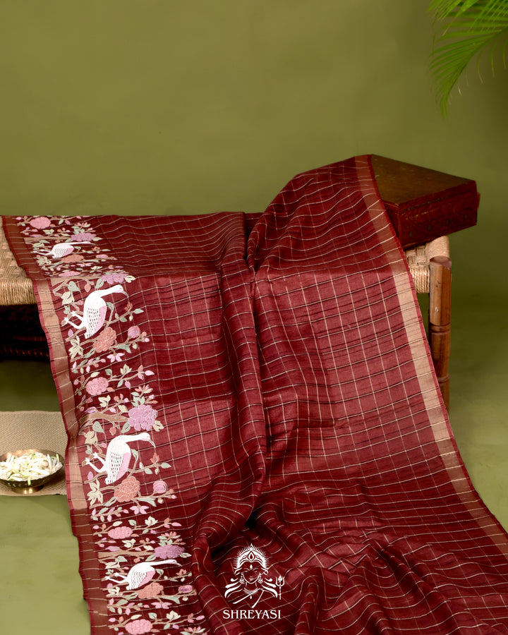 Pure Linen Tussar Silk Saree with Resham Embroidered Borders