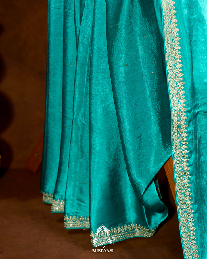 Pure Crepe Satin Saree with Embroidered Borders and Fully Embroidered Blouse