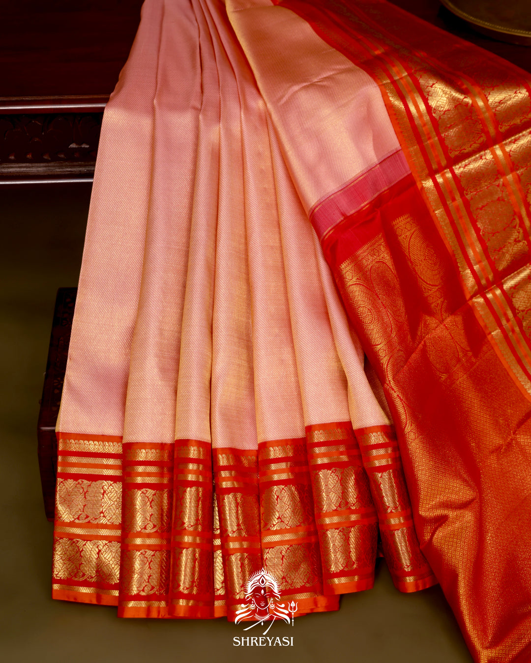 Handloom Pure Kanjivaram Silk Saree in Real Zari - Peach pink with Red and Orange Korvai Border