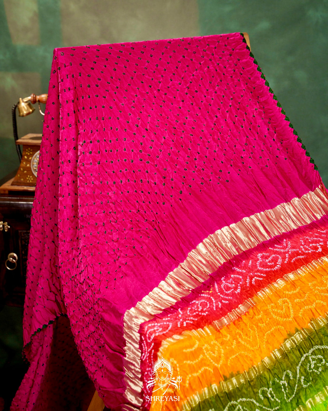 Handloom Pure Bandhani Gaji Silk Saree with Hand-Knotted Bandhej and Multicolored Bandhani Pallu