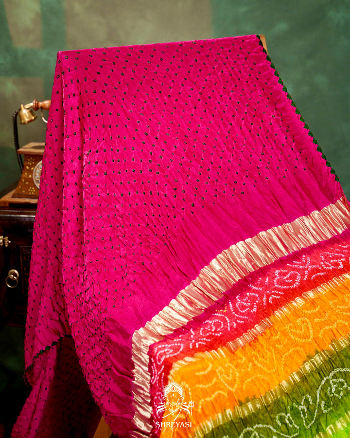 Handloom Pure Bandhani Gaji Silk Saree with Hand-Knotted Bandhej and Multicolored Bandhani Pallu
