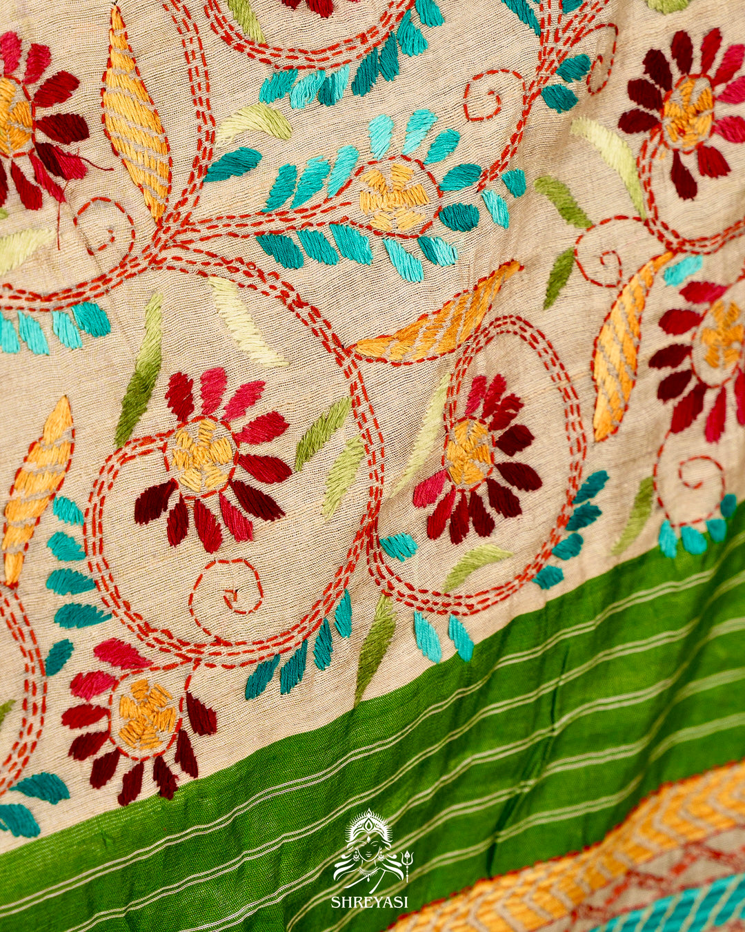 Handloom Pure Vidarbha Tussar Silk Saree with Karvati Kinar Border and Kantha Embroidery