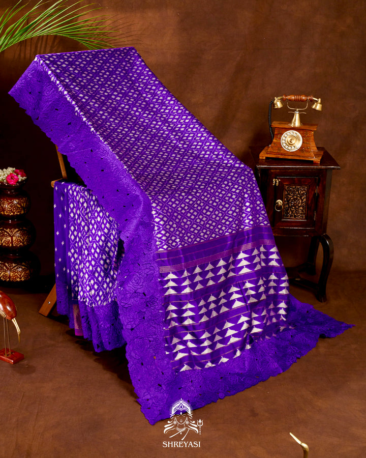 Handloom Pure Patola Silk Saree with Scalloped Floral Appliqué Embroidered Borders