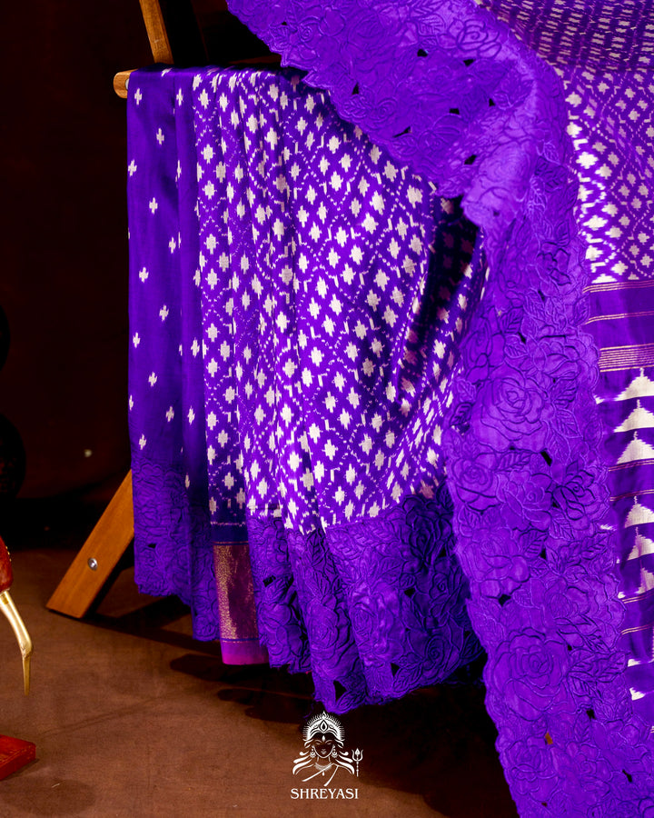 Handloom Pure Patola Silk Saree with Scalloped Floral Appliqué Embroidered Borders