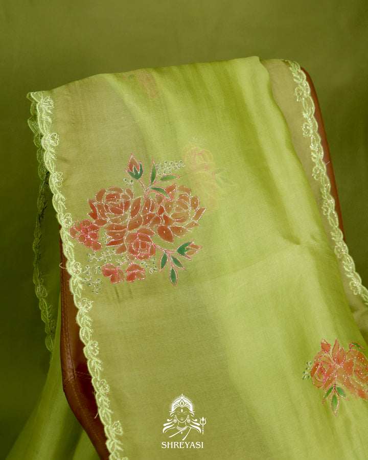 Hand Painted Floral Pure Organza Silk Saree with Pita Embroidery