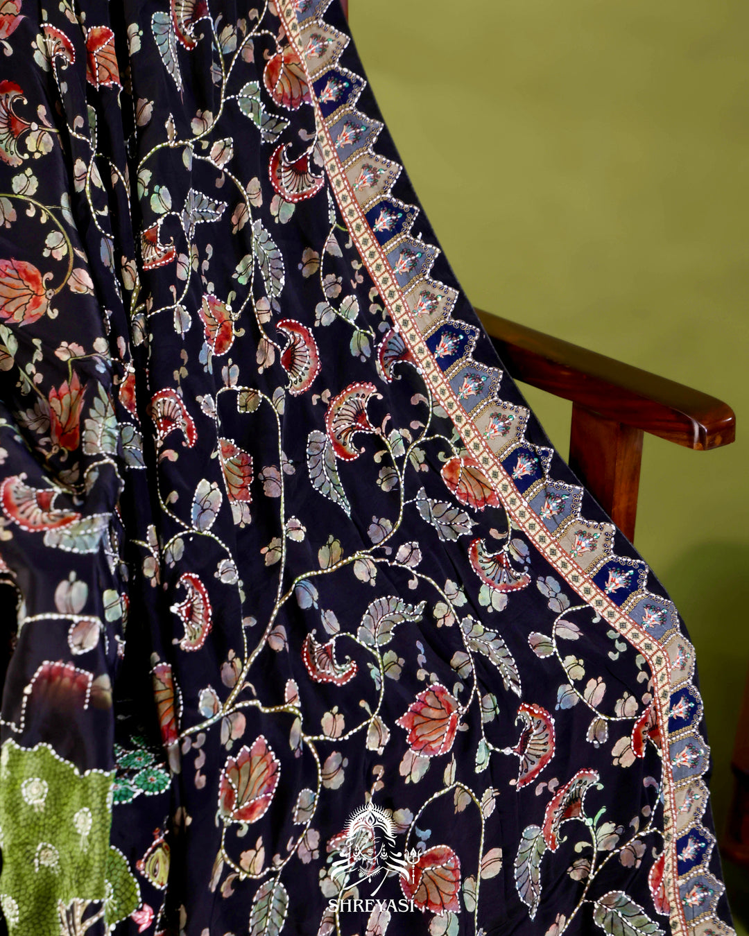 Pure Crepe Silk Saree with Kantha Embroidery