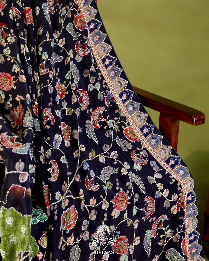 Pure Crepe Silk Saree with Kantha Embroidery