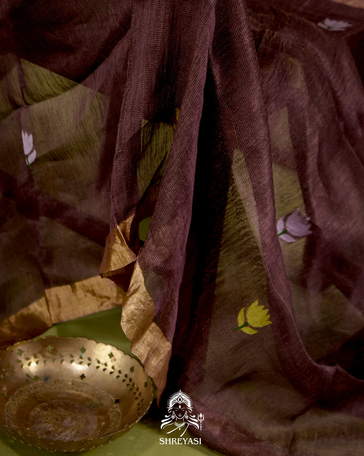 Handloom Silk Linen Jamdani Saree with Tissue Paithani Pallu