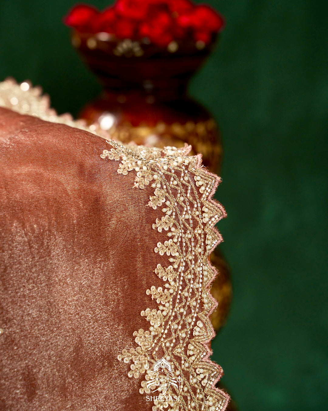 Handloom Pure Banarasi Tissue Silk Saree with Scallop Hand Embroidered Borders and Petit Point Embroidered Blouse