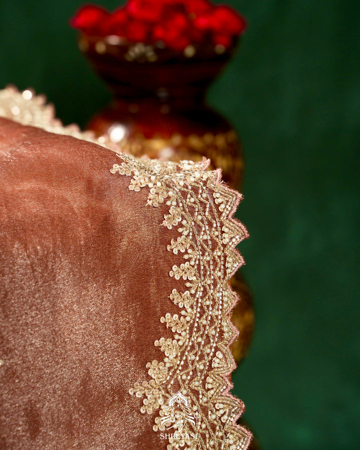 Handloom Pure Banarasi Tissue Silk Saree with Scallop Hand Embroidered Borders and Petit Point Embroidered Blouse