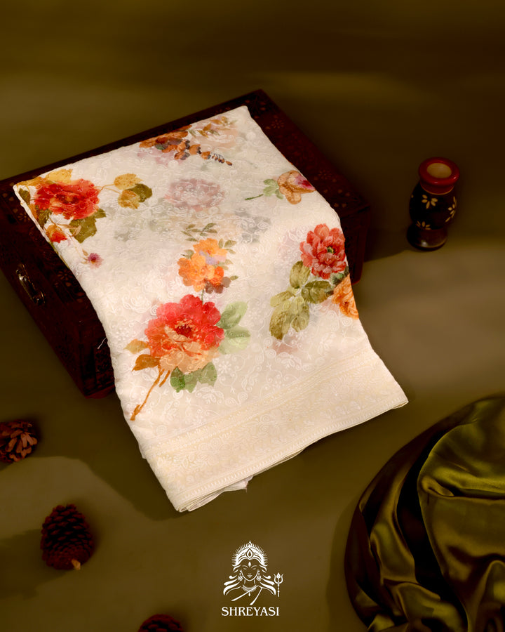 Georgette floral saree with chikankari embroidery