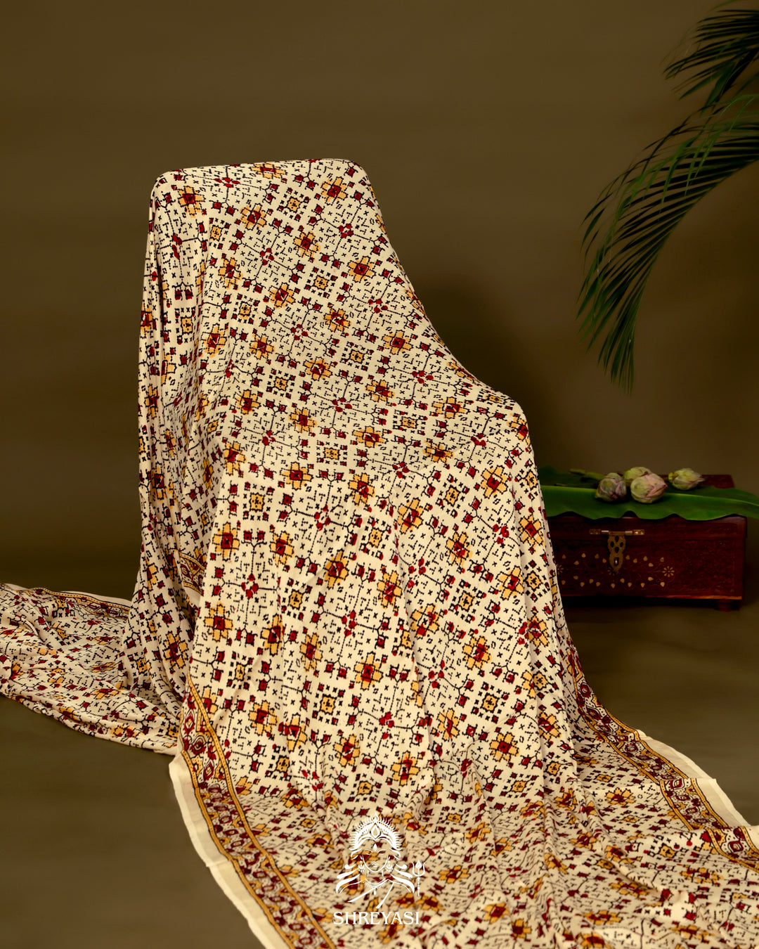 Pure Modal Gaji Silk Lagdi Patta Ivory Red Ajrakh Saree in Natural Dyes