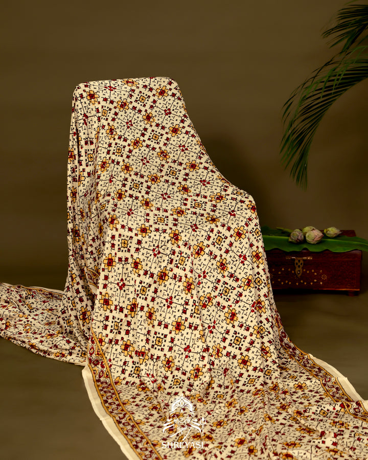 Pure Modal Gaji Silk Lagdi Patta Ivory Red Ajrakh Saree in Natural Dyes