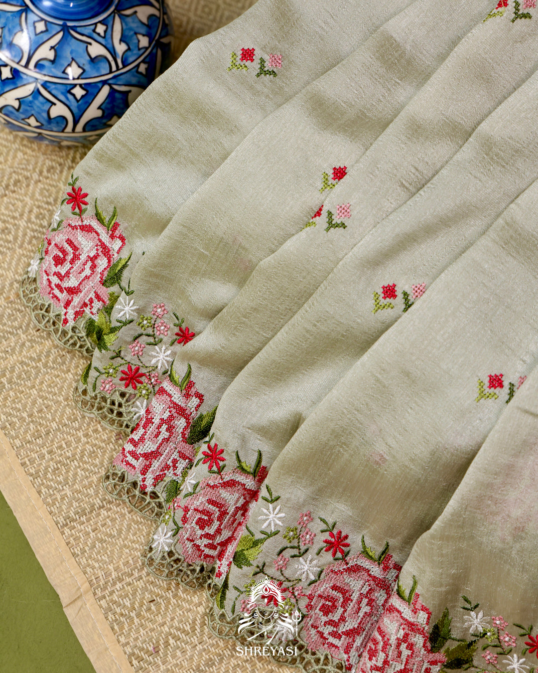 Tussar Silk Saree with Petit Point Embroidery