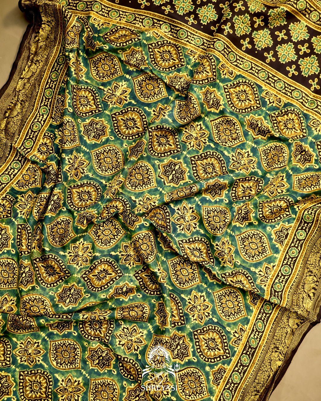 Hand Block Printed Ajrakh Dola Silk Saree with Zari Brocade Blouse