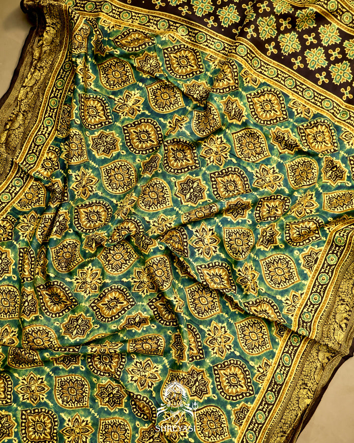 Hand Block Printed Ajrakh Dola Silk Saree with Zari Brocade Blouse