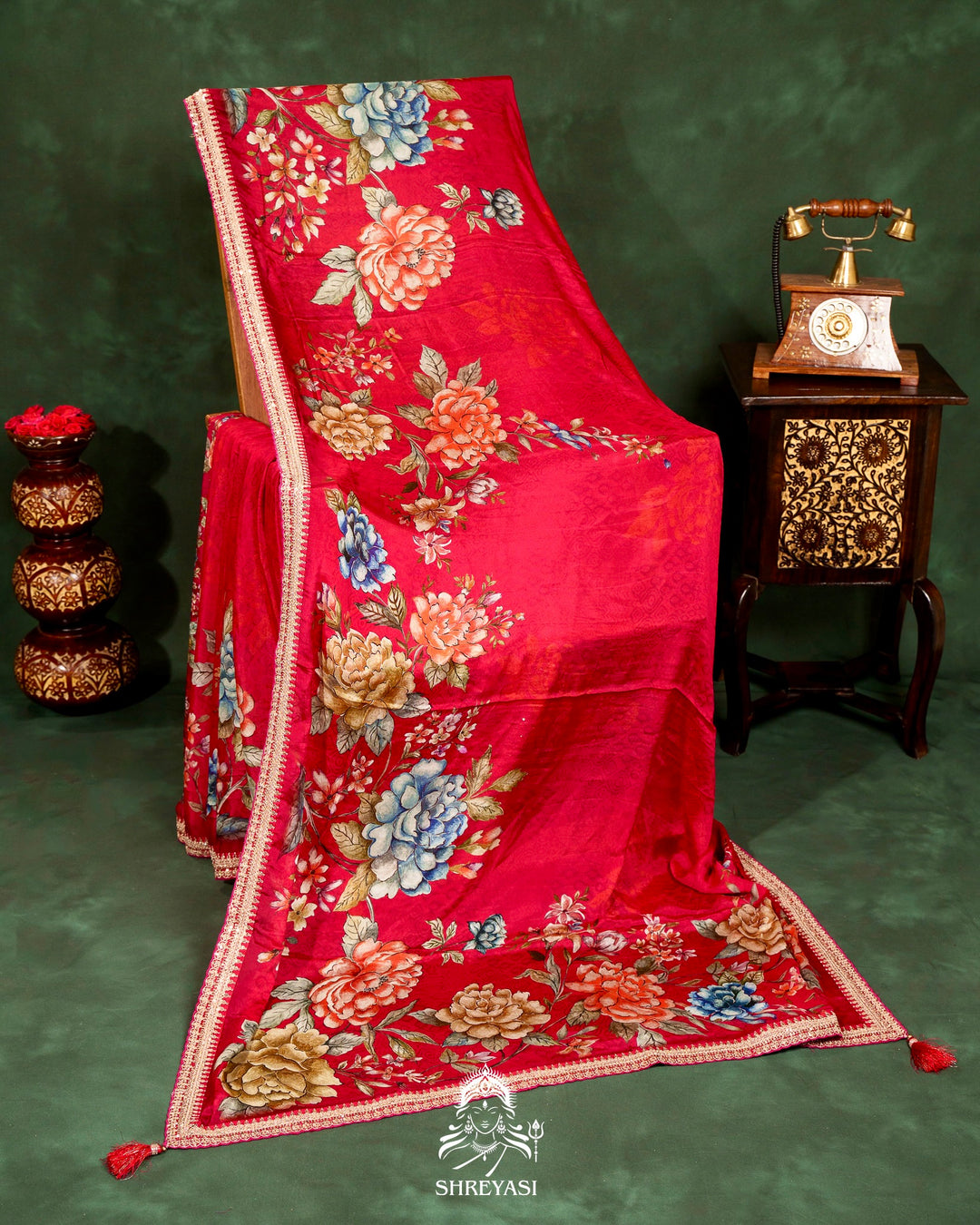 Floral Crepe Chiffon Saree with Embroidered Borders