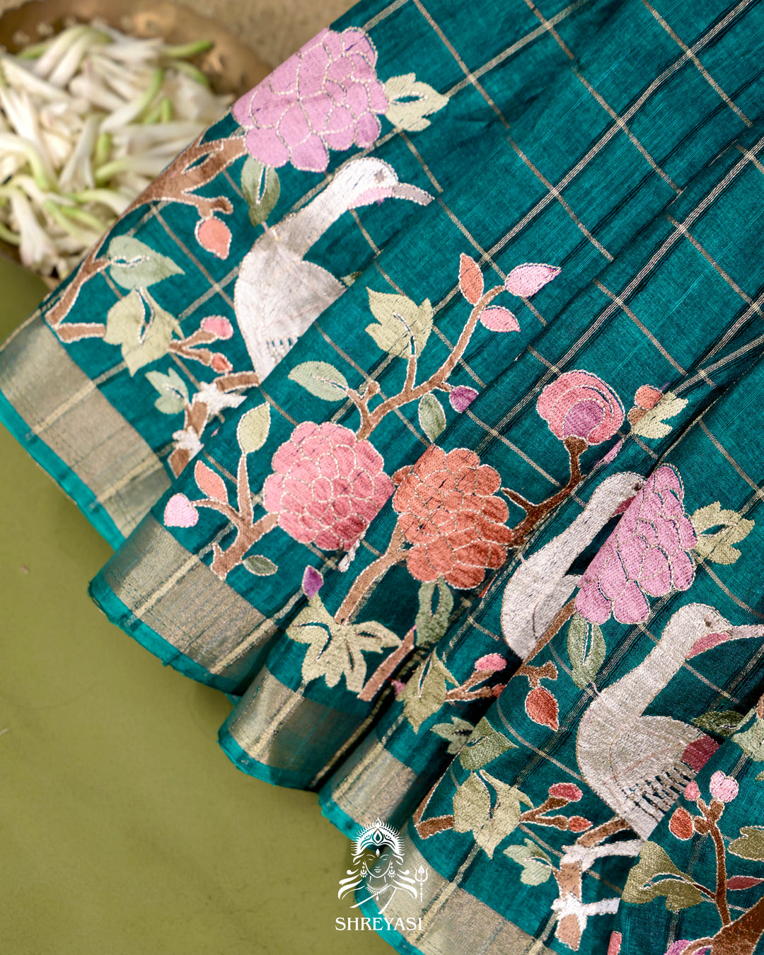 Pure Linen Tussar Silk Saree with Resham Embroidered Borders