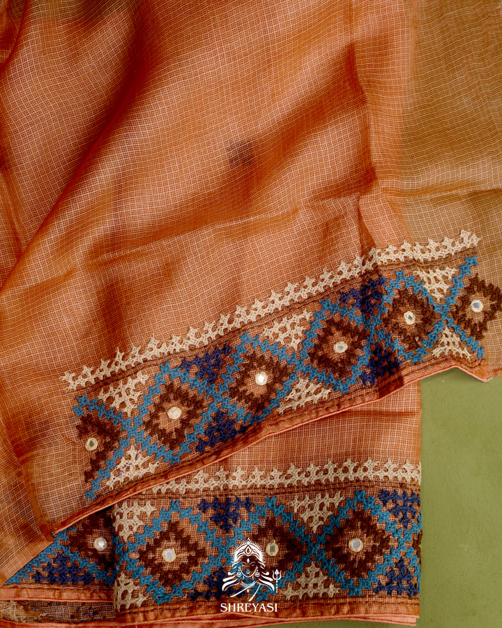 Handloom Pure Tussar Kota Saree with Kutch Hand Embroidery and Mirror Work