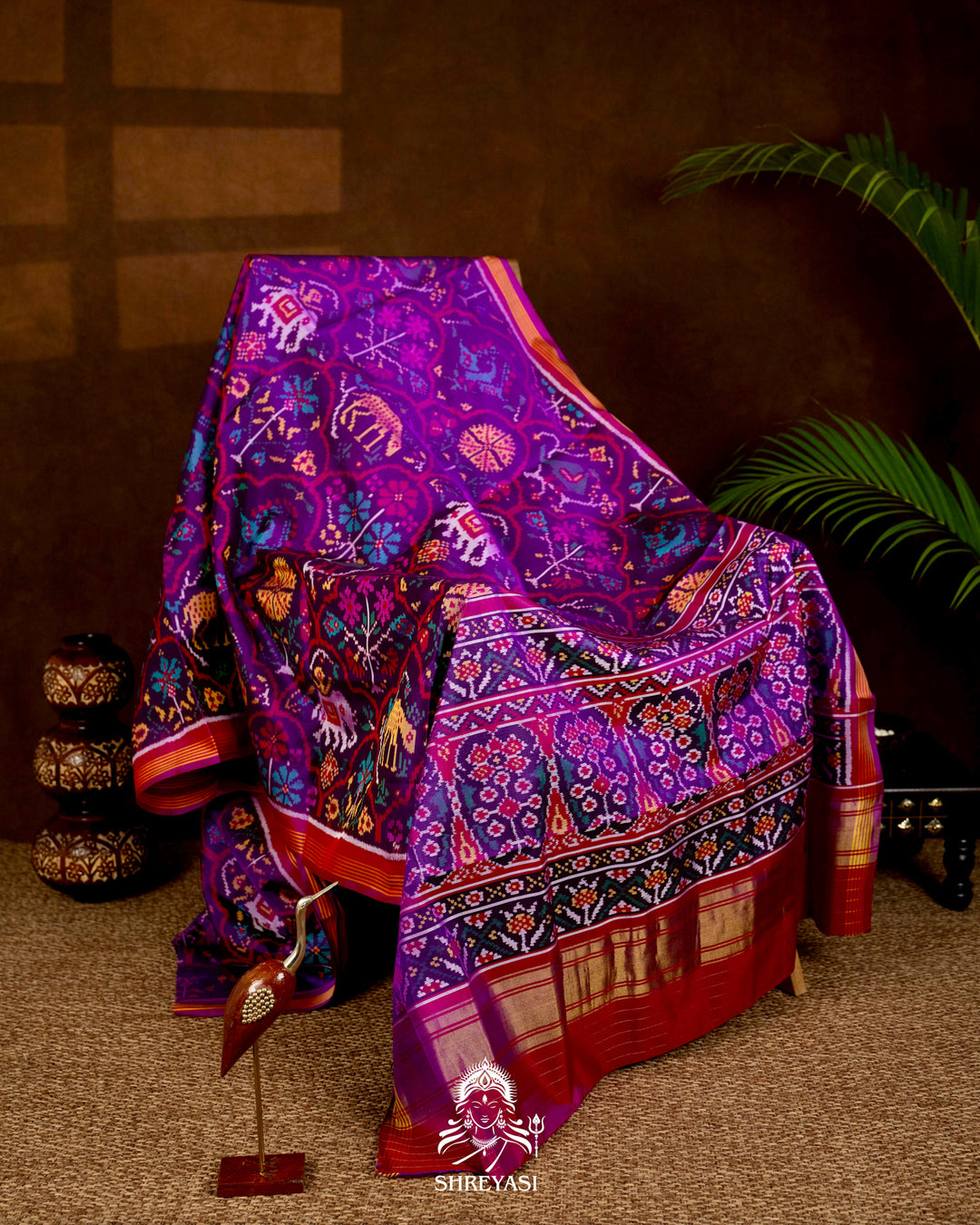Handloom Pure Rajkot Patola Silk Saree with Animal & Floral Ikat Motifs