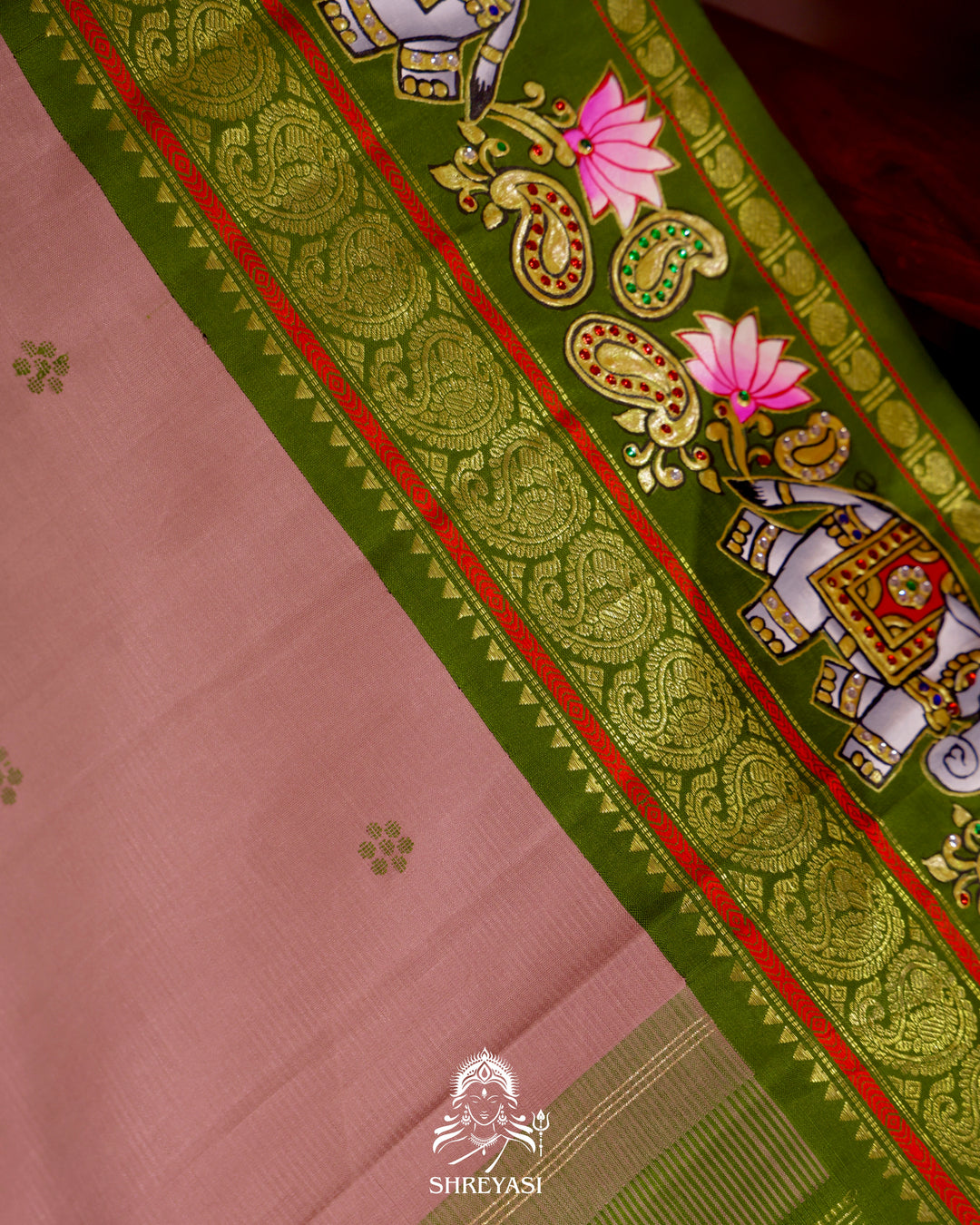Handloom Pure Kanjivaram Silk Saree in Real Zari with Tanjore Yanai and Kamalam Artwork