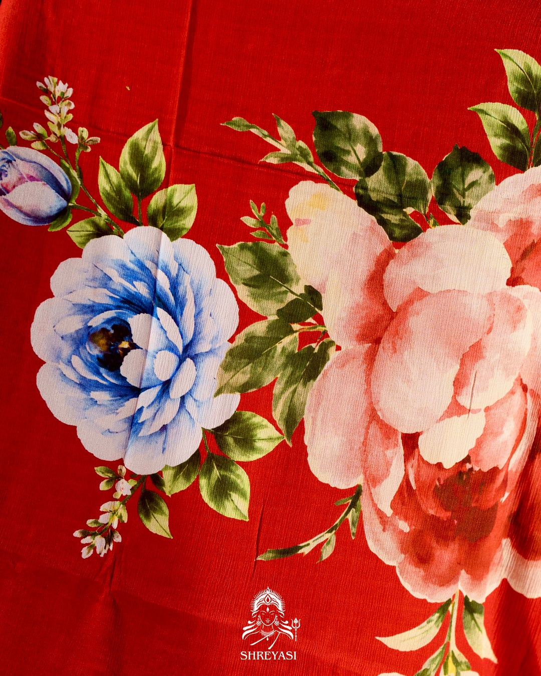 Pure Chinon Satin Silk Saree with Floral Print & Embroidered Border