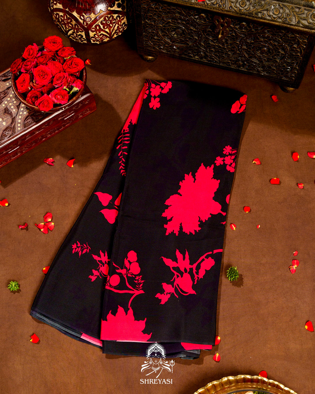 Pure Crepe Floral Saree in Black and Scarlet Red