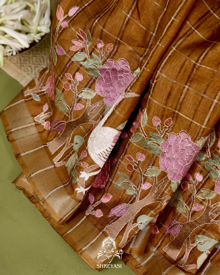 Pure Linen Tussar Silk Saree with Resham Embroidered Borders