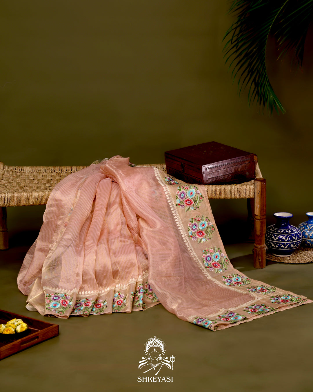 Handloom Banarasi Tissue Stripe Silk Saree with Satin Stitch Floral Embroidered Borders