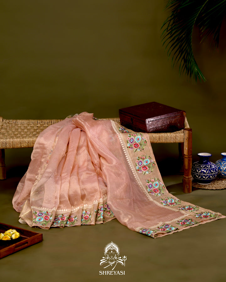 Handloom Banarasi Tissue Stripe Silk Saree with Satin Stitch Floral Embroidered Borders