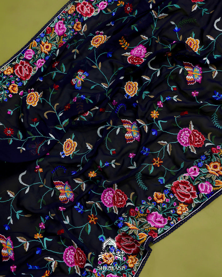 Pure Georgette Saree with Petit Point Embroidery and Lace Borders