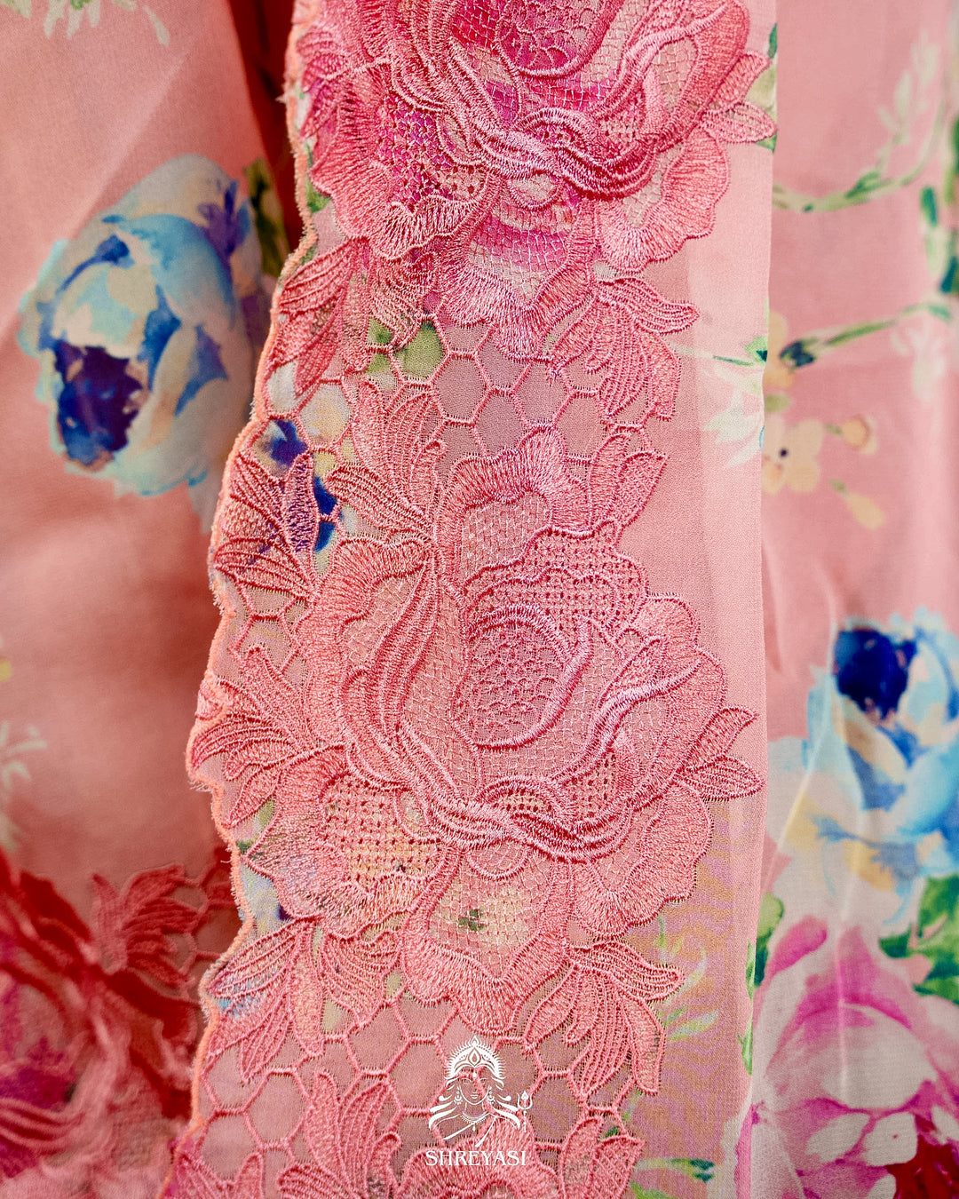 Pure Georgette Floral Saree with Chantilly Lace Embroidery Border