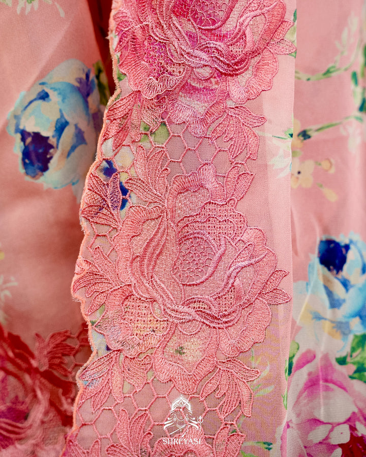 Pure Georgette Floral Saree with Chantilly Lace Embroidery Border