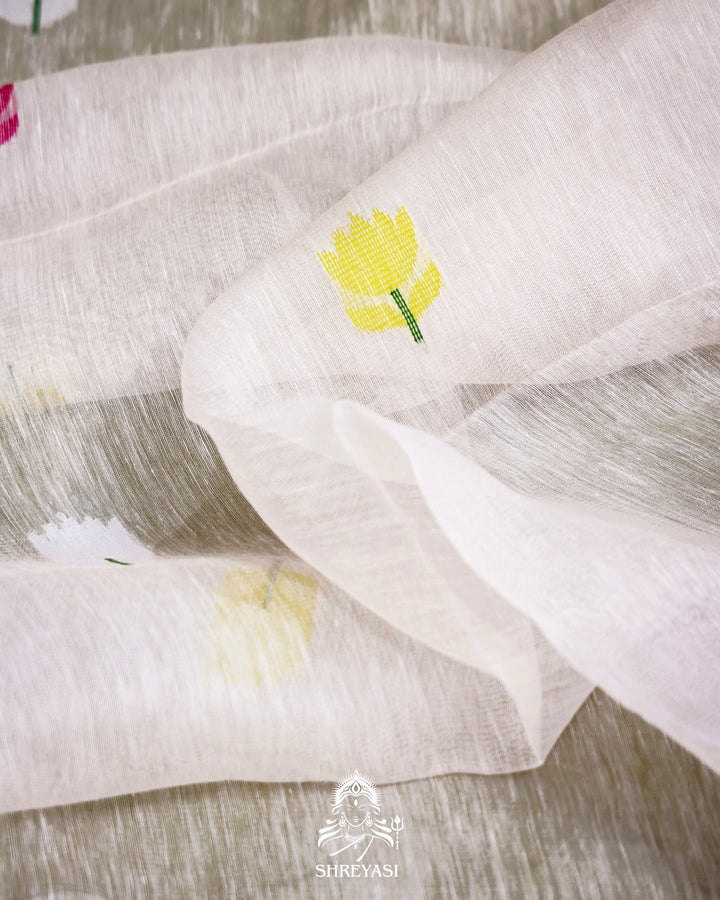 Handloom Silk Linen Jamdani Saree with Tissue Paithani Pallu