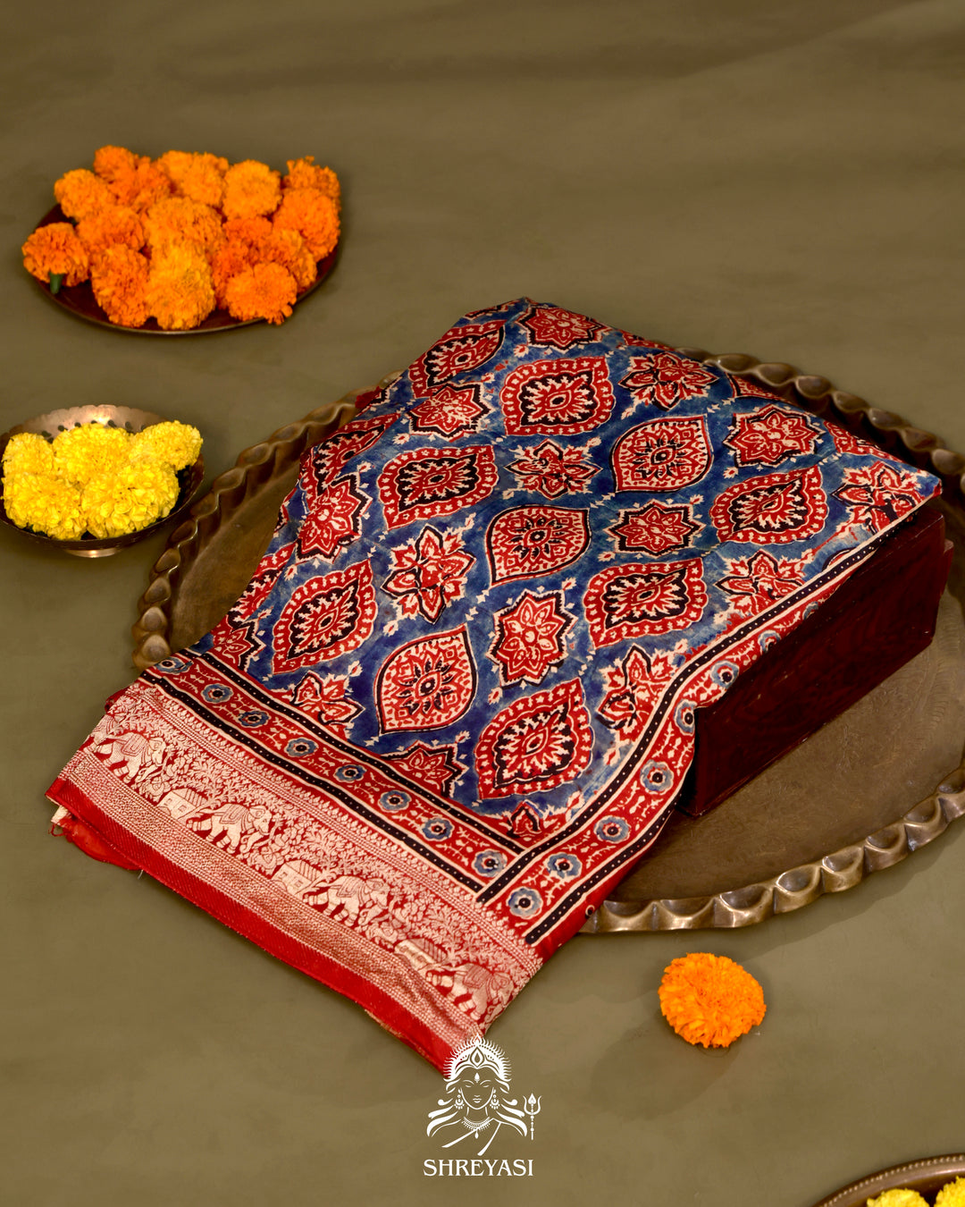 Hand Block Printed Ajrakh Dola Silk Saree with Zari Brocade Blouse