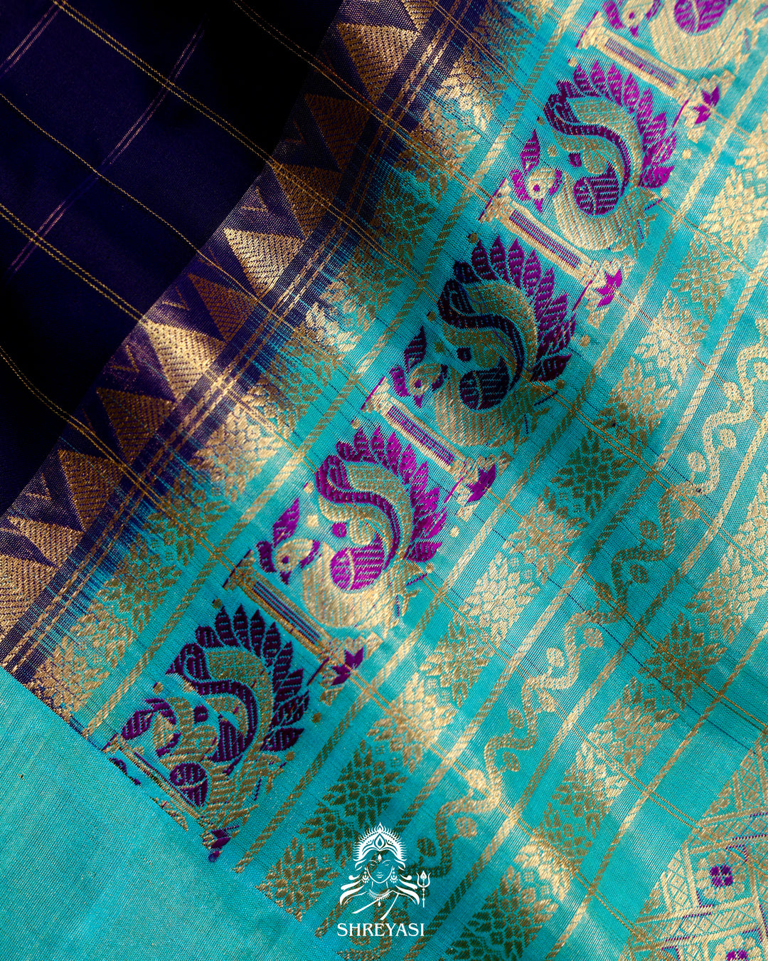 Handloom Pure Gadwal Silk Saree in Royal Blue with Aqua Tissue Borders