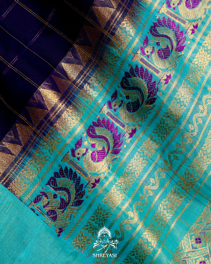 Handloom Pure Gadwal Silk Saree in Royal Blue with Aqua Tissue Borders