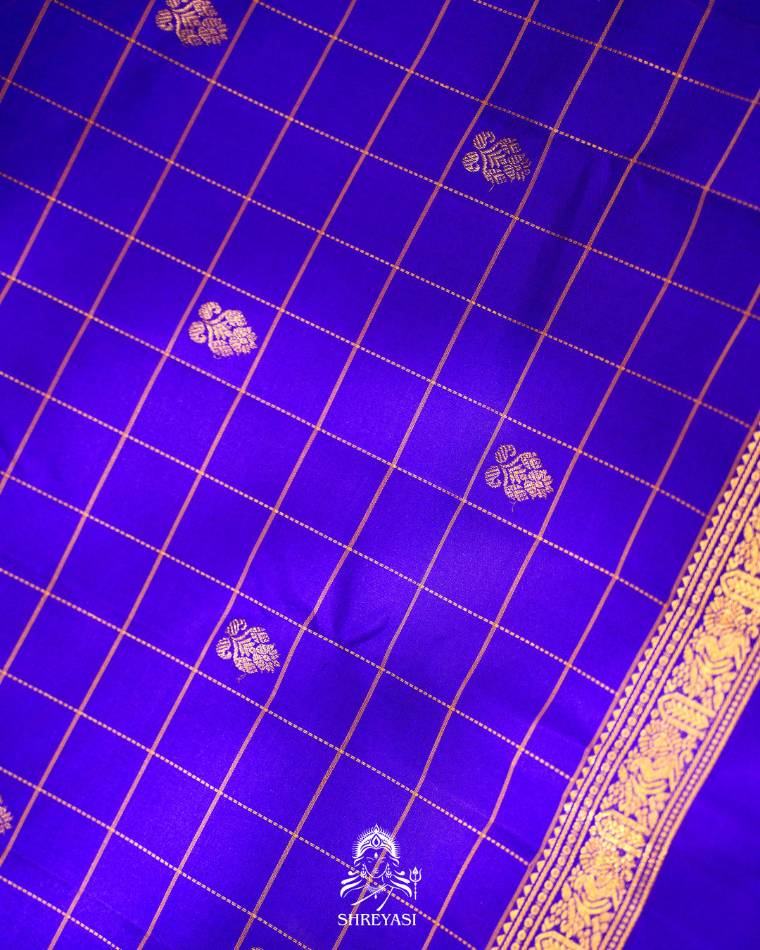 Handloom Pure Kanjivaram Silk Saree in Royal Blue with Kattam Checks and Traditional Zari Borders