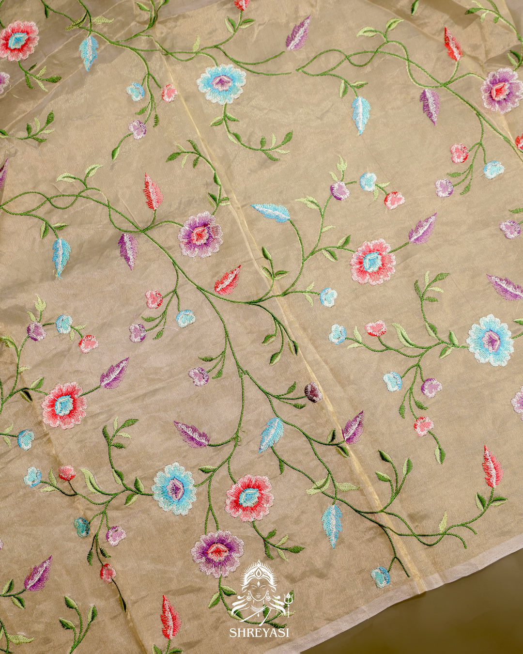 Handloom Banarasi Tissue Stripe Silk Saree with Satin Stitch Floral Embroidered Borders
