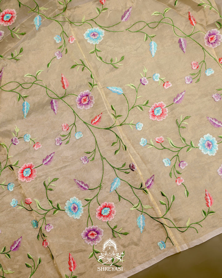 Handloom Banarasi Tissue Stripe Silk Saree with Satin Stitch Floral Embroidered Borders