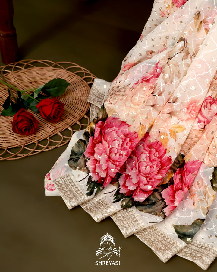 Georgette Floral Saree with Thread Embroidery and Micro Sequins